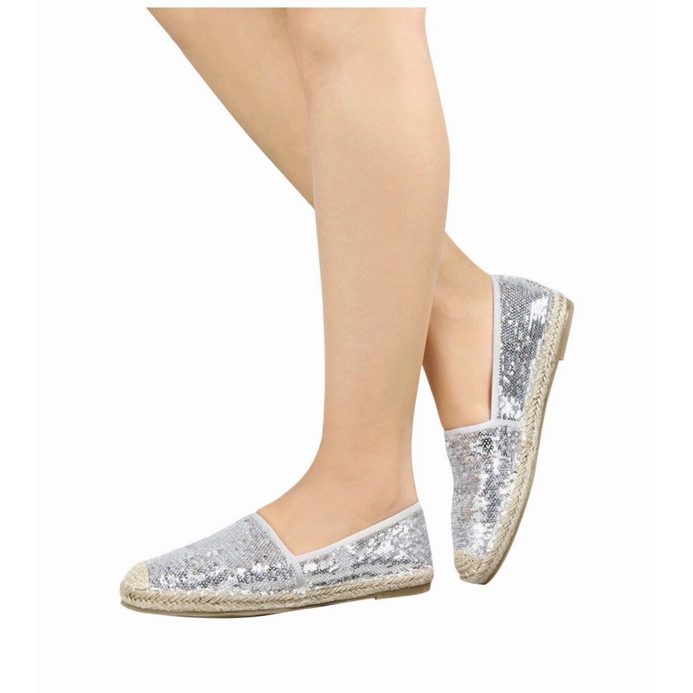 Women espadrille Crochet Toe Heel Slip On Sequin Loafer Flat Ballerinas Shoe 9US